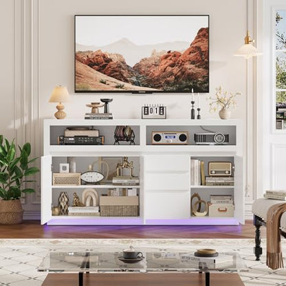 FACBOTALL 63" W Modern TV Stand, Large Entertainment Center with Storage Cabinets & Drawers, Media Console Cabinet up to 70 Inch with LED Lights & Power Outlet, TV Consoles for Living Room, White - color: White