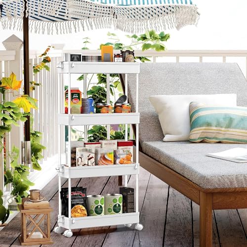 SPACEKEEPER Slim Rolling Storage Cart 4 Tier Bathroom Organizer Mobile Shelving Unit Utility Cart Tower Rack for Kitchen Laundry Narrow Places, White - color: White