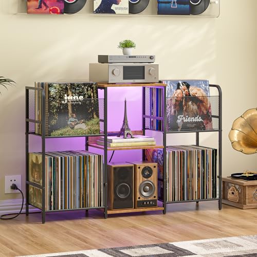 3IngSeagulls Record Player Stand with Power Outlets and LED Light, Turntable Stand Storage Up to 350+ Albums, Record Player Stand with Vinyl Storage, Tuntable Stand with Record Holder for Living Room - color: with Power Outlet