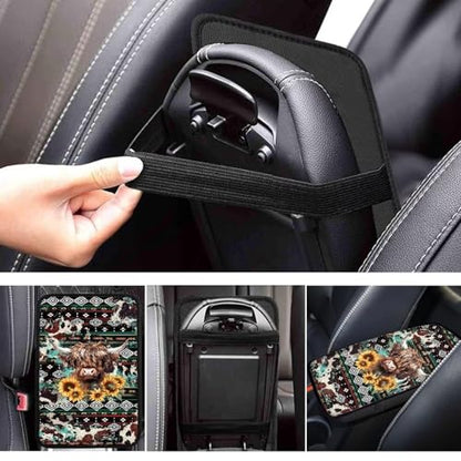 Wanyint Aztec Highland Cow Sunflower Auto Center Console Armrest Pad Theme Seat Box Cover Universal Fit Car Armrest Cover Cushion Mat for Sedan, Van, SUV - color: Aztec Highland Cow Sunflower