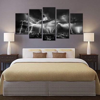 Biuteawal - Black and White City Wall Art Nature Lightning Strikes in The Clouds Painting on Canvas Storm Cityscape Picture Print for Home Office Bedroom Decoration - size: W60"xH32"