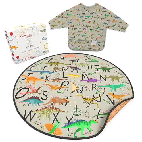 Splat Mat for Baby – Under High Chair Floor Mat Protects Wood, Vinyl and Carpet from Spills – Waterproof 4 Layer Baby Mat Bundle with Waterproof Matching Smock (51” x 51”) - color: Dinosaur Alphabet Grey