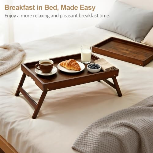 Breakfast Tray with Folding Legs Set of 2, Bamboo Bed Tray Table 15.7" Foldable TV Dinner Tray with Ergonomic Wave Handles for Bed Couch Sofa, Breakfast, Snacks, Coffee, Vintage Walnut - color: Vintage, size: Medium