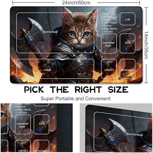 for MTG Playmat 24 x 14 Inches Samurai Cat Magic Play Mat Card Game Mat for Magic The Gathering TCG PTCG Playmat with Free Storage Bags Non-Slip Backing and Stitched Edge - color: Samurai Cat With Zones