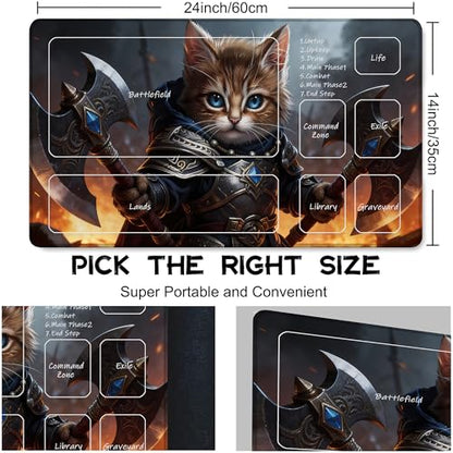 for MTG Playmat 24 x 14 Inches Samurai Cat Magic Play Mat Card Game Mat for Magic The Gathering TCG PTCG Playmat with Free Storage Bags Non-Slip Backing and Stitched Edge - color: Samurai Cat With Zones