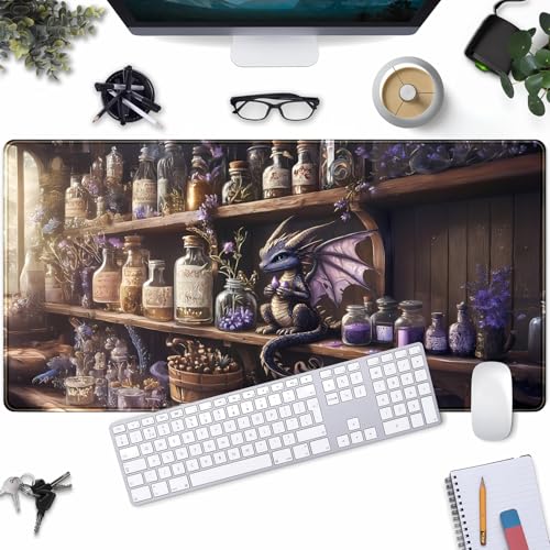 Purple Dragon Desk Mat Cute Large Gaming Keyboard Mouse Pad, Dragon Magic Desk Pad Extended Mouse Pad Gaming Office Decor for Pc Laptop Mouse Pads (31.5x15.7 in) with Stitched Eges Non-Slip Base - color: Magic Herbal Bookcase