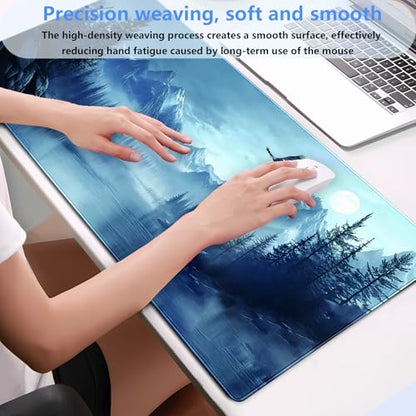 Extended Gaming Mouse Pad XL, Snow Mountain Desk Mat 31.5x15.7, Non-Slip | Majestic large computer desk mat with a soaring eagle and winter mountain landscape print. Ideal for cozy studios. - color: Snow Mountain Eagle