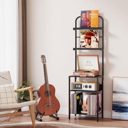 Homsorout Record Player Stand with Vinyl Storage - 5-Tier Turntable Table with Adjustable Feet, Metal & Wood Cabinet - Console Organizer Display Shelf for Living Room, Apartment - style: Black Without Socket