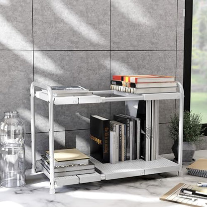 Simple Houseware Under Sink 2 Tier Expandable Heavy Duty Metal Shelf Organizer Rack, White (Expand from 15 to 25 inches) - color: White