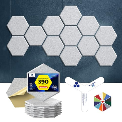 Self-Adhesive Acoustic Panels [390 lbs/yd³ Ultra-High Density], 2nd Generation Sound Absorbing Panel, Professional Level Sound Panel, Polyester Soundproof Foam [Medium Hexagon, Silver Grey] - color: Silver Grey, size: Medium Hexagon (12''x10''x0.4'')