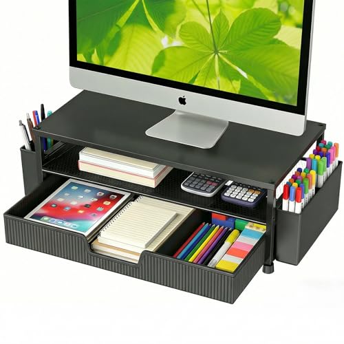 ECOLOVI Desk Organizer and Accessories, 2-Tier Computer Monitor Stand Rise with Storage Drawer & 2 Pen Holders, Laptop & Printer Stand for Desktop, Workspace Organizers for Office Supplies (Black) - color: Black