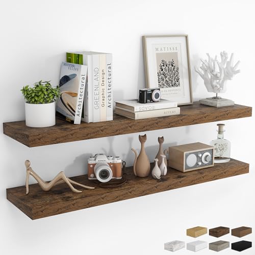 RICHFOCUS 48Inch Floating Shelves for Wall 2 Pack Shelves for Bedroom|Kitchen|Bathroom Wall Mounted Rustic Wood Floating Shelf with Invisible Brackets for Books|Storage|Decor, Rustic Brown - color: Rustic Brown, size: 47.2"L x 8"D, Set of 2