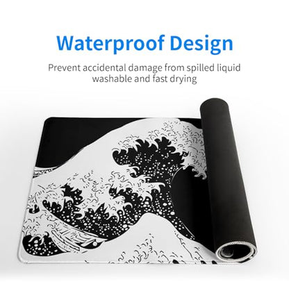 Japanese Sea Wave Large Mouse Pad, Abstract Black Gaming Mousepad, Extended Kanagawa Mat Desk Pad, 3mm Thick Long Non-Slip Rubber Base Mice Pad for Office and Home, 27.6x11.8 Inch - color: Sea Wave 2
