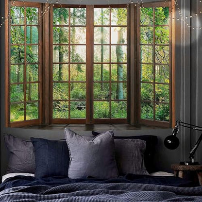 Aidatain Green Forest Natural Tapestry Window Scenery Wall Aesthetic Tapestry for Bedroom Flannel 60" L x 60" W Beach Blanket Living Dinning Room College Dorm Wall Hanging GTDJAT0090 - size: 60"L x 60"W