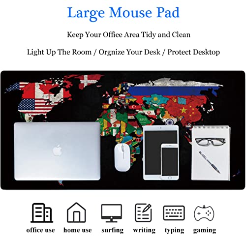 31.5x11.8 Inch Non-Slip Long Extended Large Gaming Mouse Pad with Stitched Edges XL Laptops Keyboard Mouse Mat(Black World Flag Map) - color: Black World Flag Map