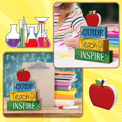 Yuntau 4 Pcs Back to School Gift Wooden Apple Table Decor Teacher Appreciation Gift Apple Tiered Tray Decor Guide Teach Inspire Block Sign First Day of School Gifts for Teachers Office Classroom - style: Apple