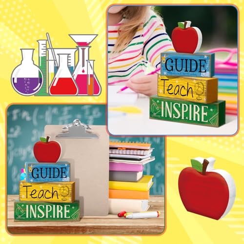 Yuntau 4 Pcs Back to School Gift Wooden Apple Table Decor Teacher Appreciation Gift Apple Tiered Tray Decor Guide Teach Inspire Block Sign First Day of School Gifts for Teachers Office Classroom - style: Apple