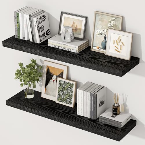 36 Inch Floating Shelves, 12 Inch Deep Floating Shelves for Wall, Extra Deeper & Thicker Wooden Wall Shelf with Invisible Brackets, Shelf for Bedroom Home Decor（Black, Set of 2） - color: Black, size: 36"W x 12"D x 2"H, Set of 2