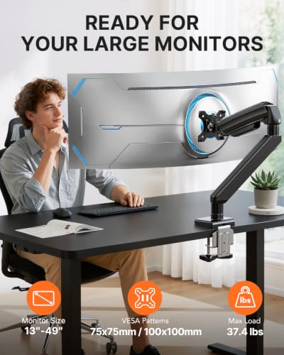 ErGear Heavy Duty Monitor Arm for 13-49″ Ultrawide Screens, 37.4 lbs Capacity, Full Motion Monitor Desk Mount, Rock-Solid Support, Dual C-Clamp & Grommet Mount, VESA 75x75/100x100mm - size: 13"-49", style: Single Arm