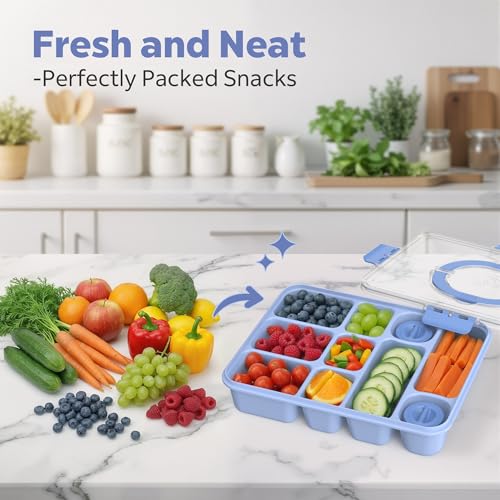 Snackle Box Container for Adults with 10 Compartment, Divided Serving Tray with Lid and Handle and 2 Sauce Containers, Portable Snack Box Container for Charcuterie Party Travel, Blue - color: Light Blue