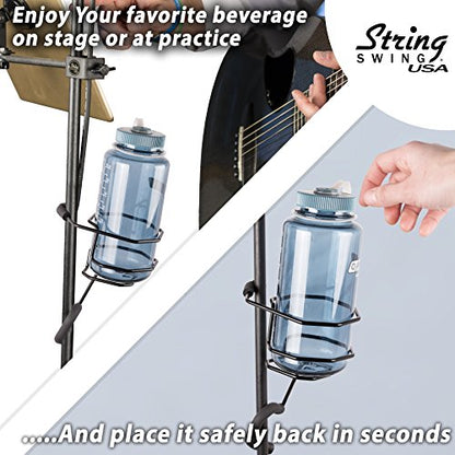 Mic Stand Large Drink Holder - Microphone & Cymbal Pole Mount for Nalgene Water Bottle Mason Jar Atlas Coffee Thermos Contigo Travel Mug - Black Heavy Duty Studio Quality Made in USA - String Swing - color: Extra Large