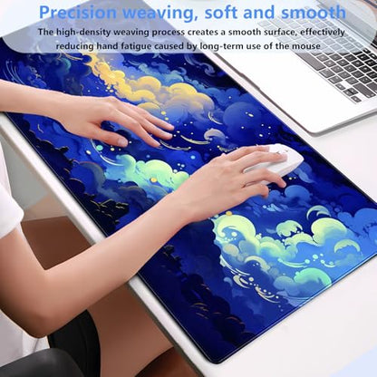 Anime Starry Night Desk Mat XXL - Celestial Clouds Large Gaming Mouse Pad | Fantasy sky aesthetic keyboard mousepad for gaming setup, waterproof smooth cloth surface with non-slip rubber base. - color: Blue Clouds