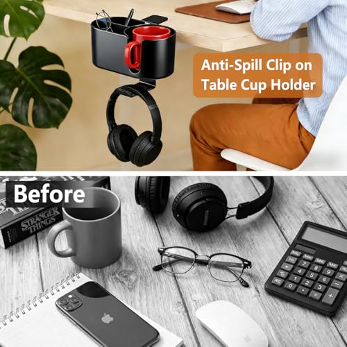 MYITYARD 4 in 1 Desk Cup Holder, Clamp On Drink Holder with Headphone Hanger, Anti-Spill Clip on Desk Organizer for Pen Phone Mug, Gaming Office Desk Accessories fits Most Desks - color: Black-2 with Headphone Hanger