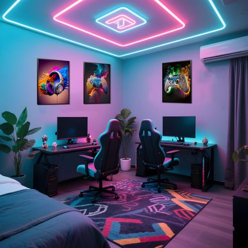 SEHSUVC Game Room Canvas Wall Art, 24x16inch 3-Piece set Wood Framed + 6 Pcs 8×10 Posters Prints, Neon Gaming Accessories Theme Gamer Wall Decor Gifts for Boys Youth Children Bedroom Home Decor - color: Colorful Framed game, size: 24L" x 16W"