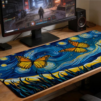 Starry Night Butterflies Gaming Mouse Pad Large Desk Mat Extended Keyboard Anime Mousepad with Non-Slip Base and Stitched Edge for Desk Home Office Gaming,31.5 x 11.8 Inch - color: Starry Night Butterflies, size: 11.8*31.5inch