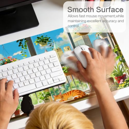 Vimorco Waterproof Desk Pad,XXL Large Mouse Extended Gaming Mousepad with Anti-Slip Rubber Base,Computer Laptop Keyboard Mouse Mat for Women Men Girls Work,Game,Office,31.5 x 15.7 inch,Window cat - color: Window Cat
