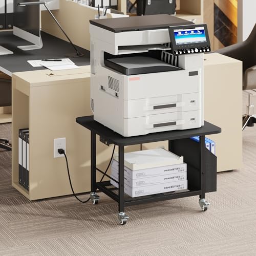 YAOHUOO 23.6"×23.6" Large Printer Stand with Power Outlet, Printer Table with Storage Side Pocket, Heavy Duty Rolling Cart for Home Office 3D Printer/Laser/Heat Press Table, Black - color: Black