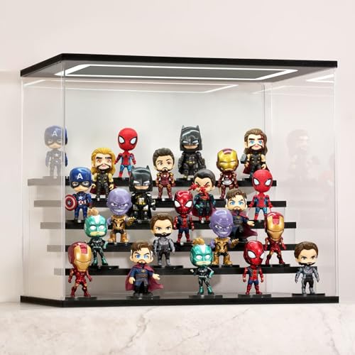 Clear Acrylic Display Case with Light , 6 Tier Display Box Stand Assembly Dustproof Protection Showcase for Collectibles Action Figures (Black 6 Tier L 19.7*12.6*16.5in；50×32×42cm) - color: Black With Light, size: 6 Tier L 19.7*12.6*16.5in；50×32×42cm