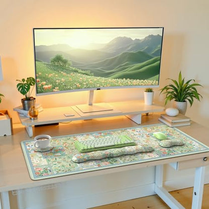 iLeadon Mouse Pad and Keyboard Wrist Rest, Large Computer Desk Mat, Mouse Pad Set with Wrist Pad for Keyboard, Cute Green Desk Pad Mat with Non Slip Base Office Home(Floral) - color: Green