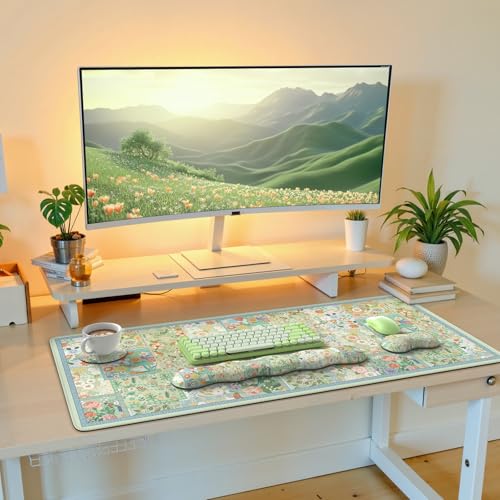 iLeadon Mouse Pad and Keyboard Wrist Rest, Large Computer Desk Mat, Mouse Pad Set with Wrist Pad for Keyboard, Cute Green Desk Pad Mat with Non Slip Base Office Home(Floral) - color: Green