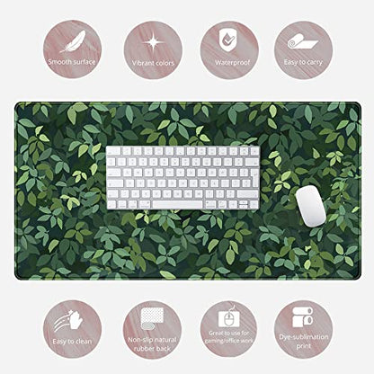 Cute Cat Kawaii Green Desk Mat - Large Gaming Mouse Pad & Keyboard Laptop Mat - Anime XL (31.5x15.7 in) - Non-Slip Base, Stitched Edges - color: Green Plants Black Cat