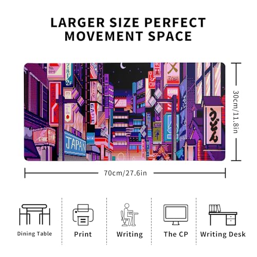 Dark Purple Japanese Gaming Mouse Pad Abstract Anime Mat 27.6x11.8 Inch Tokyo Pixel Street Texture Non-Slip Rubber Base Kawaii Mousepad Stitched Edges Keyboard Desk Pad for Office and Home Game - color: Japanese Street