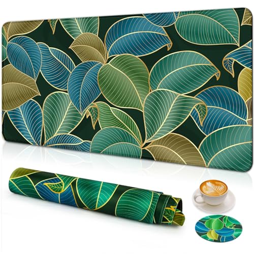 Large Gaming Mouse Pad with Coaster,Desk Matt for Desktop,Desk Mat-Leaves | Desk Pad,XXL Cute Desk Mat Cover for Computer Keyboard Laptop Women Office Home Decor, 31.5'' x15.6'' - color: C9-Leaves 2