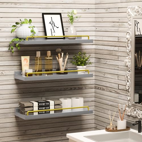 RYOFOBETTO Floating Shelves for Wall Decor, Grey and Gold Shelves for Bathroom, Living Room, Bedroom, Picture Frames, Plants, Kitchen (Set of 3) - color: Grey and Gold, size: 16"