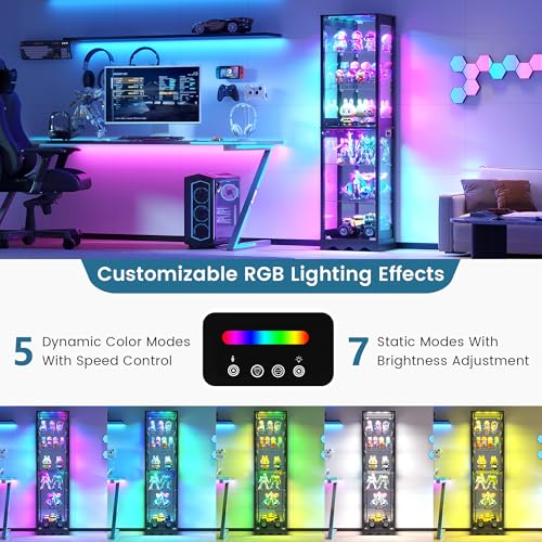 Dystler Display Cabinet with Glass Doors, 6 Tier RGB Lights Curio Cabinet | Adjustable Shelves, Human Sensor Lighting, Modern LED Display Case for Collectibles, Black - color: Black