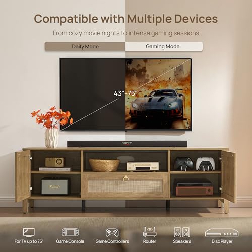 SICOTAS Rattan TV Stand for Living Room, 69" Boho TV Console Cabinet with Drawer & Adjustable Shelves, Large Entertainment Center with Storage for 55/65/75 Inch TVs