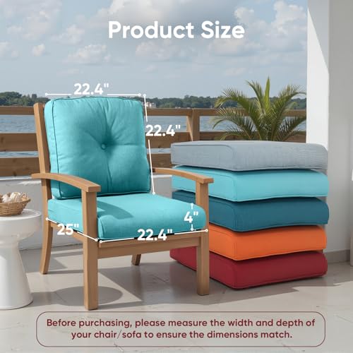 Outdoor Chair Cushion Set of 2, Waterproof Outdoor Seat Cushions 25x22 , Patio Chair Cushions for Outdoor Furniture, Couch Cushion Replacement, Include 2 Back & 2 Seat Cushions, Button/CyanBlue - color: Cyan Blue, size: 22"x25" Deep Seat