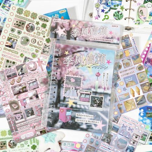 Japanese Sticker Book - 30 Sheet Sticker Book for Journaling & Scrapbooking | Glossy, Matte & Textured | No Halo Cut | Monsoon Postbox or Prayer Board Supplies-Vision Board Supplies - color: Monsoon