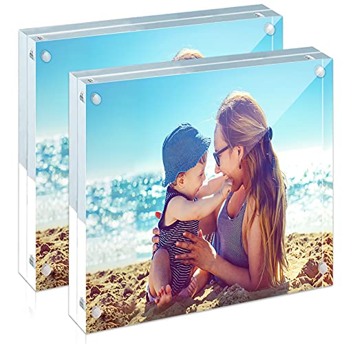 HELPLEX Acrylic Frames, 2 Pack 4x4 Frameless Clear Picture Frame, 20mm Thicker, Double Sided Magnetic, Free Standing Desktop Display - size: 4x4(2 PACK)