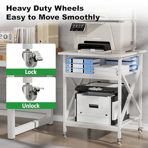 3 Tier Printer Stand, Large Table with Wheels, Rolling Cart with Height Adjustable Middle Storage Shelf, 23.6 x 23.6 x 30.3 Inches Shelf for Home Office, White - color: White