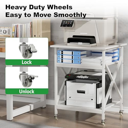 3 Tier Printer Stand, Large Table with Wheels, Rolling Cart with Height Adjustable Middle Storage Shelf, 23.6 x 23.6 x 30.3 Inches Shelf for Home Office, White - color: White