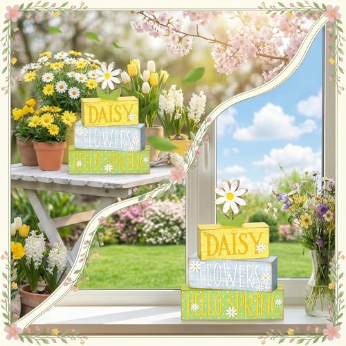 4Pcs Daisy Flower Hello Spring Wooden Stack Signs Rustic Farmhouse Tiered Tray Decor Yellow Blue Floral Wooden Table Decor for Spring Home Kitchen Office Gift - style: Hello Spring Daisies