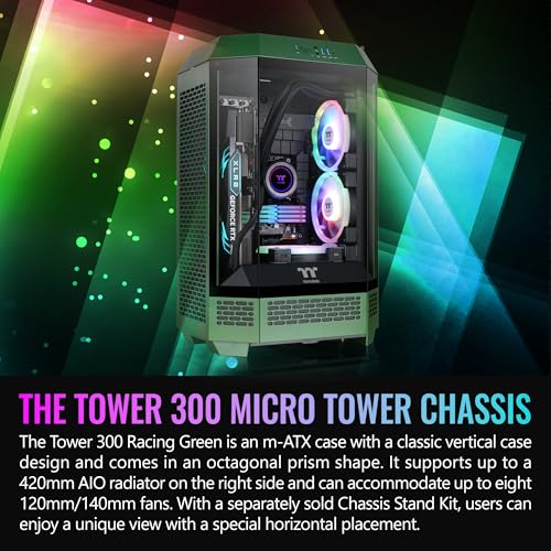 Thermaltake Tower 300 Racing Green Micro-ATX Case; 2x140mm CT Fan Included; Support Up to 420mm Radiator; Optional Chassis Stand Kit Allows Horizontal Display; CA-1Y4-00SCWN-AZ; 3 Year Warranty - color: Racing Green, size: Tower 300 Case, style: Tower 300