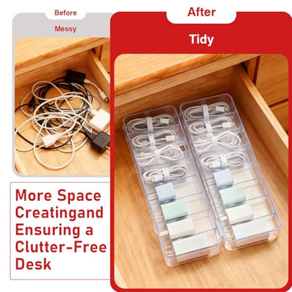 4 Pack Cable Organizer Box with Lid, Clear Plastic Cord Storage Box for Home & Office, Includes 8 Dividers & 40 Cable Ties (27 x 9.5 x 6 cm)