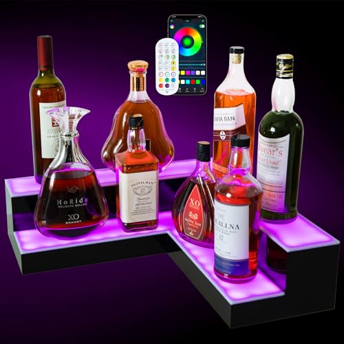 Corner Led Lighted Liquor Bottle Display Shelf, 20 Inch 2 Tier Whiskey Rack, Support USB, Bar Stand with RF Remote & App Control, Illuminated Acrylic Lighting Shelves for Home Bar, Party - size: 20" Corner 2 step