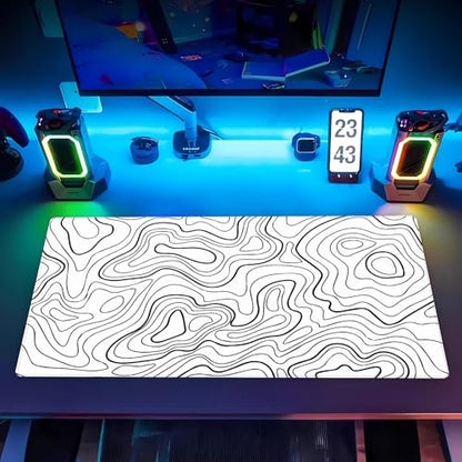Topographic Desk Mat XL, White and Black Gaming Mouse Pad, Stitched Edges | Minimalist XL desk pad with an abstract black and white topographic print and premium anti-slip rubber backing. - color: White Topographic